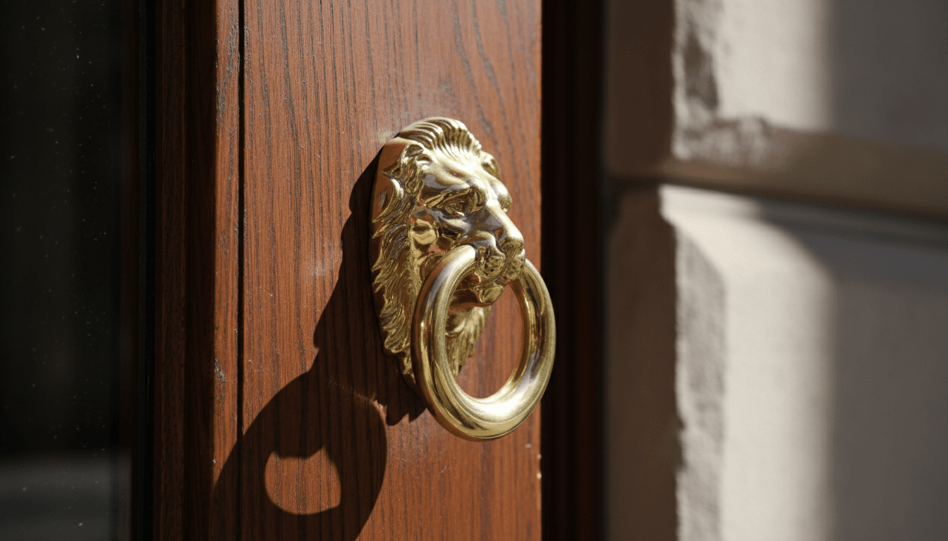 Close-up of brass handle on oak door