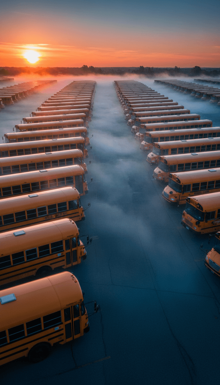 School bus fleet parked at dawn