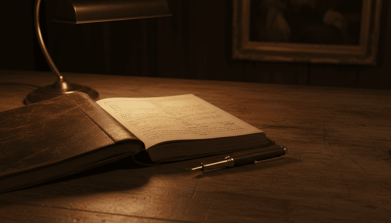Open leather ledger with handwritten notes and brass pen on oak desk in dim office