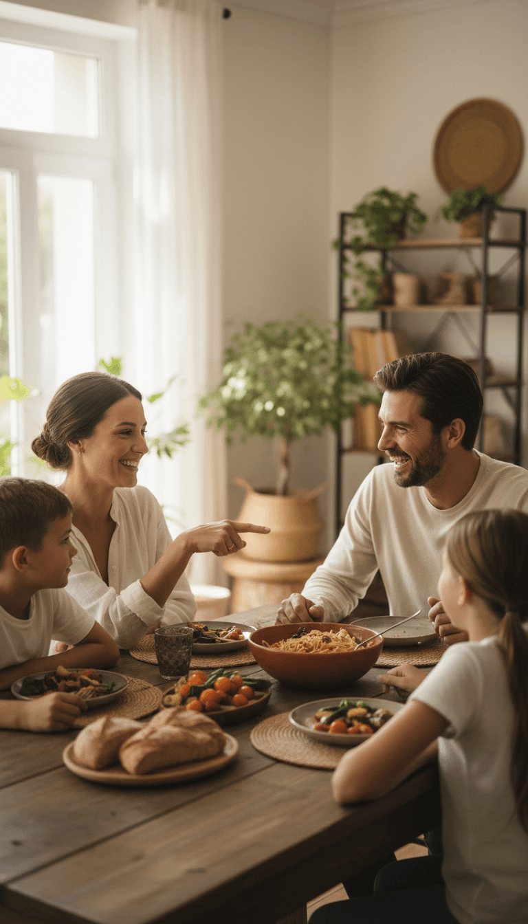 Family having conversation at a dining table