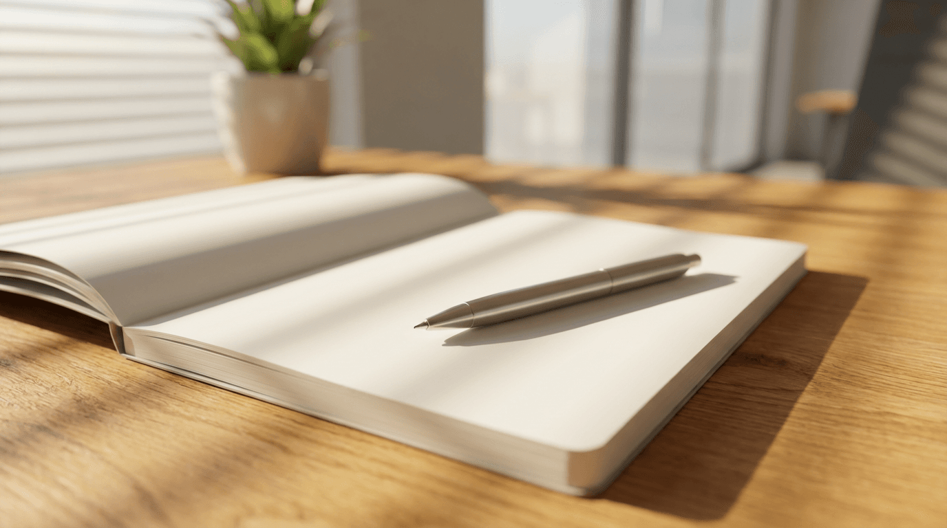 Notebook with handwritten notes and a coffee cup on a wooden conference table