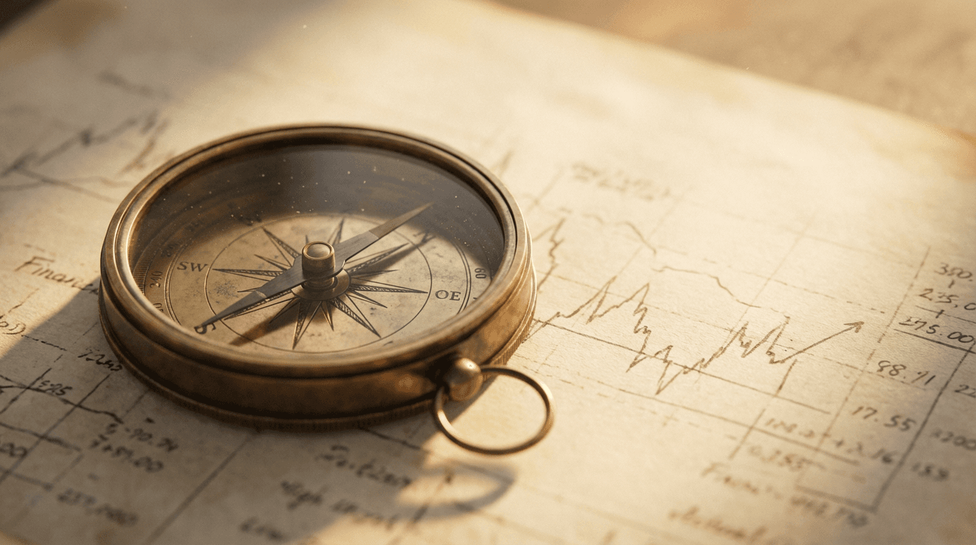 Brass compass resting on a stack of business documents with soft desk lamp light