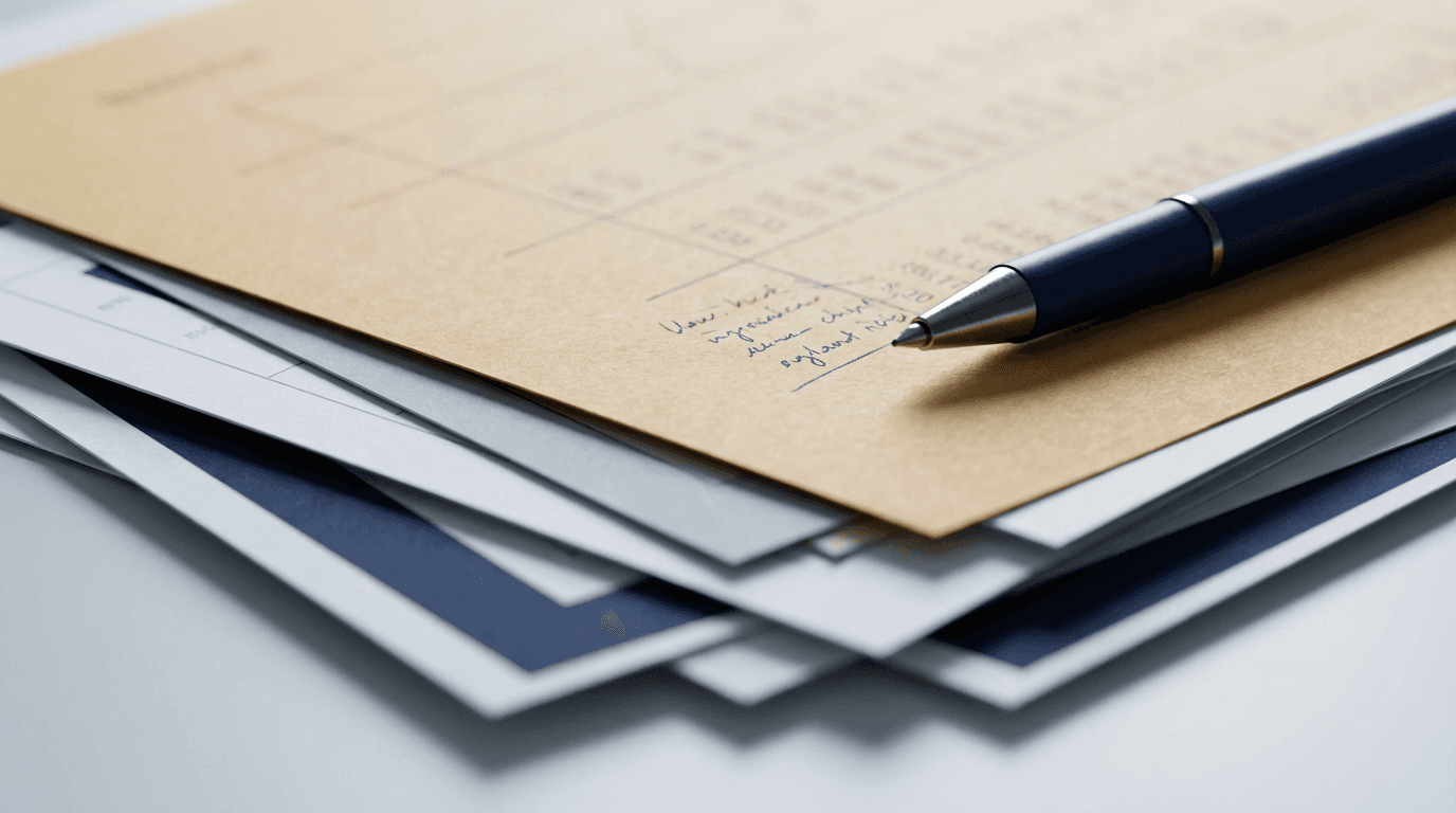 Financial documents and blueprints on a meeting table