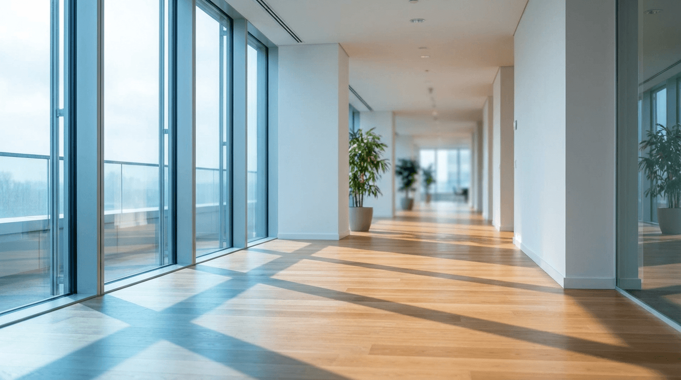 Professional workspace in Atlanta with city skyline visible through glass walls