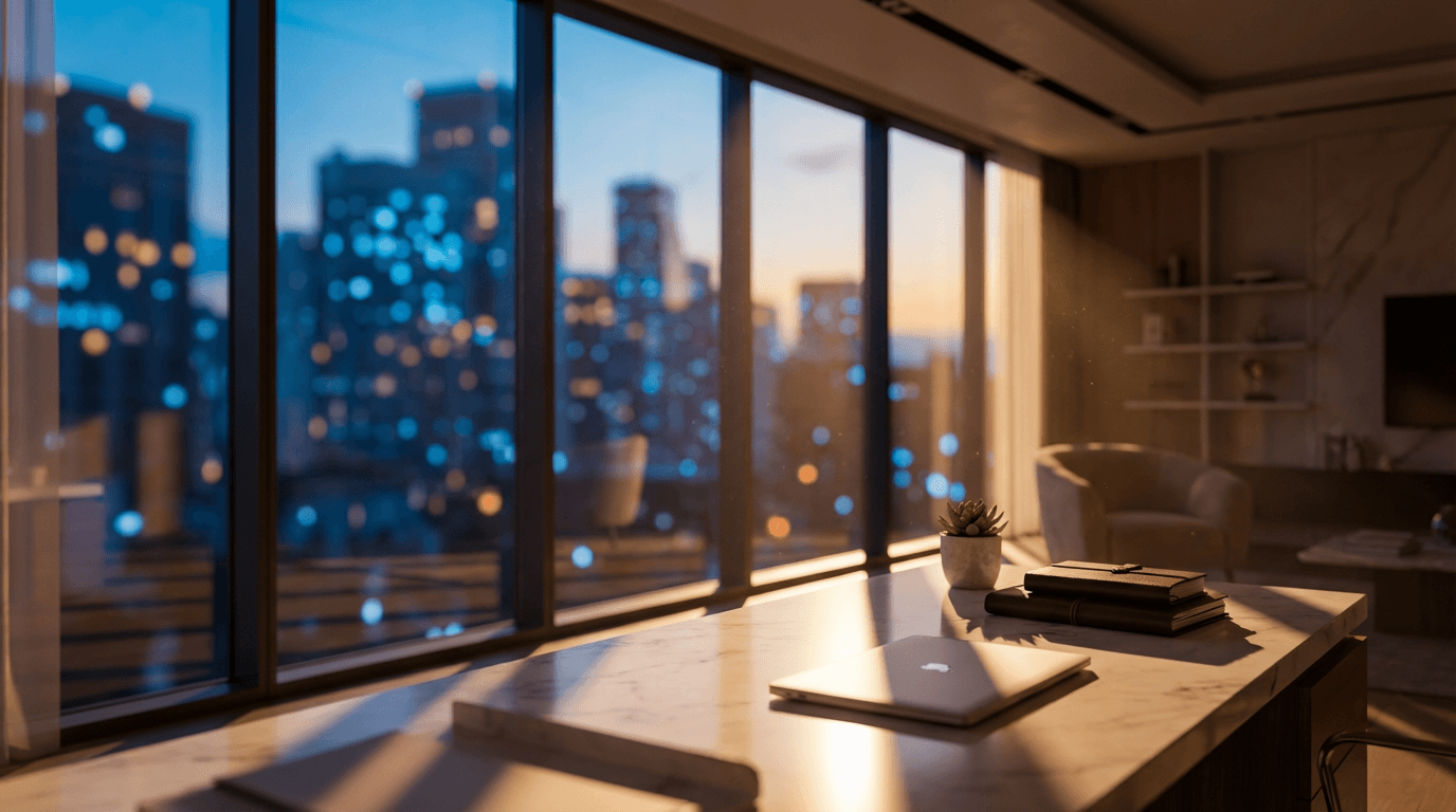 Dark moody boardroom with polished table and city skyline at dusk
