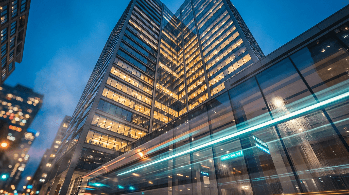 Modern office building in Atlanta at dusk with warm-lit windows